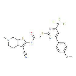 ChemSpider 2D Image | N-(3-Cyano-6-methyl-4,5,6,7-tetrahydrothieno[2,3-c]pyridin-2-yl)-2-{[4-(4-methoxyphenyl)-6-(trifluoromethyl)-2-pyrimidinyl]sulfanyl}acetamide | C23H20F3N5O2S2