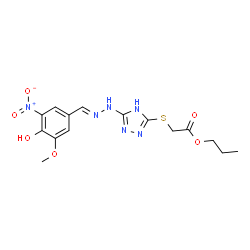 ChemSpider 2D Image | Propyl ({5-[(2E)-2-(4-hydroxy-3-methoxy-5-nitrobenzylidene)hydrazino]-4H-1,2,4-triazol-3-yl}sulfanyl)acetate | C15H18N6O6S