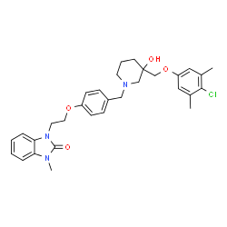 ChemSpider 2D Image | 1-{2-[4-({3-[(4-Chloro-3,5-dimethylphenoxy)methyl]-3-hydroxy-1-piperidinyl}methyl)phenoxy]ethyl}-3-methyl-1,3-dihydro-2H-benzimidazol-2-one | C31H36ClN3O4