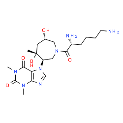 ChemSpider 2D Image | 7-{(3R,4R,6S)-1-[(2R)-2,6-Diaminohexanoyl]-4,6-dihydroxy-4-methyl-3-azepanyl}-1,3-dimethyl-3,7-dihydro-1H-purine-2,6-dione | C20H33N7O5