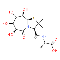 ChemSpider 2D Image | N-{[(3R,6S,7S,8S,9R,9aR)-6,7,8,9-Tetrahydroxy-2,2-dimethyl-5-oxooctahydro[1,3]thiazolo[3,2-a]azepin-3-yl]carbonyl}-L-alanine | C14H22N2O8S