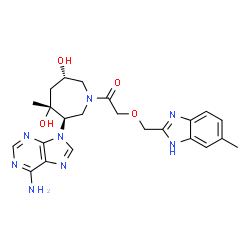 ChemSpider 2D Image | 1-[(3R,4R,6S)-3-(6-Amino-9H-purin-9-yl)-4,6-dihydroxy-4-methyl-1-azepanyl]-2-[(6-methyl-1H-benzimidazol-2-yl)methoxy]ethanone | C23H28N8O4