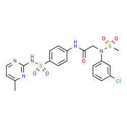 ChemSpider 2D Image | N~2~-(3-Chlorophenyl)-N-{4-[(4-methyl-2-pyrimidinyl)sulfamoyl]phenyl}-N~2~-(methylsulfonyl)glycinamide | C20H20ClN5O5S2