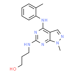 ChemSpider 2D Image | 3-({1-Methyl-4-[(2-methylphenyl)amino]-1H-pyrazolo[3,4-d]pyrimidin-6-yl}amino)-1-propanol | C16H20N6O