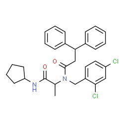 ChemSpider 2D Image | N-Cyclopentyl-N~2~-(2,4-dichlorobenzyl)-N~2~-(3,3-diphenylpropanoyl)alaninamide | C30H32Cl2N2O2