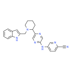 ChemSpider 2D Image | 5-({5-[1-(1H-Indol-2-ylmethyl)-2-piperidinyl]-2-pyrazinyl}amino)-2-pyridinecarbonitrile | C24H23N7