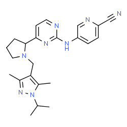 ChemSpider 2D Image | 5-[(4-{1-[(1-Isopropyl-3,5-dimethyl-1H-pyrazol-4-yl)methyl]-2-pyrrolidinyl}-2-pyrimidinyl)amino]-2-pyridinecarbonitrile | C23H28N8
