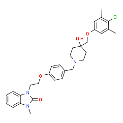 ChemSpider 2D Image | 1-{2-[4-({4-[(4-Chloro-3,5-dimethylphenoxy)methyl]-4-hydroxy-1-piperidinyl}methyl)phenoxy]ethyl}-3-methyl-1,3-dihydro-2H-benzimidazol-2-one | C31H36ClN3O4