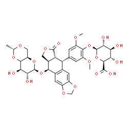 ChemSpider 2D Image | 4-[(5R,5aR,8aR,9S)-9-({(4xi)-4,6-O-[(1R)-Ethylidene]-beta-D-xylo-hexopyranosyl}oxy)-6-oxo-5,5a,6,8,8a,9-hexahydrofuro[3',4':6,7]naphtho[2,3-d][1,3]dioxol-5-yl]-2,6-dimethoxyphenyl beta-D-glucopyranosi
duronic acid | C35H40O19