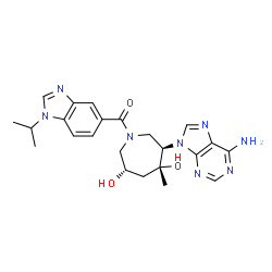 ChemSpider 2D Image | [(3R,4R,6S)-3-(6-Amino-9H-purin-9-yl)-4,6-dihydroxy-4-methyl-1-azepanyl](1-isopropyl-1H-benzimidazol-5-yl)methanone | C23H28N8O3