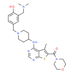 ChemSpider 2D Image | {4-[(1-{3-[(Dimethylamino)methyl]-4-hydroxybenzyl}-4-piperidinyl)amino]-5-methylthieno[2,3-d]pyrimidin-6-yl}(4-morpholinyl)methanone | C27H36N6O3S