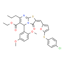 ChemSpider 2D Image | Ethyl (2E)-2-({5-[(4-chlorophenyl)sulfanyl]-2-furyl}methylene)-5-(2,5-dimethoxyphenyl)-3-oxo-7-propyl-2,3-dihydro-5H-[1,3]thiazolo[3,2-a]pyrimidine-6-carboxylate | C31H29ClN2O6S2