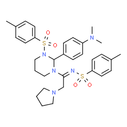 ChemSpider 2D Image | N-[(1E)-1-{2-[4-(Dimethylamino)phenyl]-3-[(4-methylphenyl)sulfonyl]tetrahydro-1(2H)-pyrimidinyl}-2-(1-pyrrolidinyl)ethylidene]-4-methylbenzenesulfonamide | C32H41N5O4S2