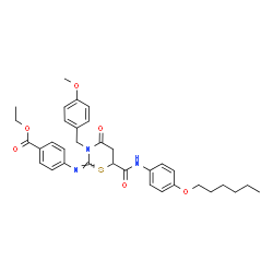 ChemSpider 2D Image | Ethyl 4-{(E)-[6-{[4-(hexyloxy)phenyl]carbamoyl}-3-(4-methoxybenzyl)-4-oxo-1,3-thiazinan-2-ylidene]amino}benzoate | C34H39N3O6S