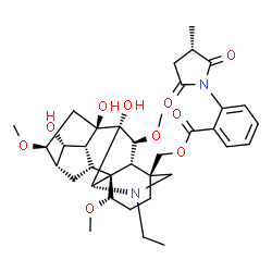 ChemSpider 2D Image | [(1alpha,6beta,14alpha,16beta)-20-Ethyl-7,8,14-trihydroxy-1,6,16-trimethoxyaconitan-4-yl]methyl 2-[(3S)-3-methyl-2,5-dioxo-1-pyrrolidinyl]benzoate | C36H48N2O10