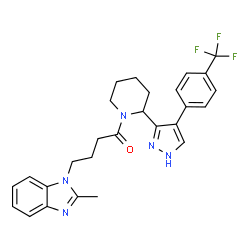 ChemSpider 2D Image | 4-(2-Methyl-1H-benzimidazol-1-yl)-1-(2-{4-[4-(trifluoromethyl)phenyl]-1H-pyrazol-3-yl}-1-piperidinyl)-1-butanone | C27H28F3N5O
