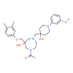ChemSpider 2D Image | 1-(6-[(3,4-Dimethylphenoxy)methyl]-6-hydroxy-4-{[4-hydroxy-1-(3-methoxyphenyl)-4-piperidinyl]methyl}-1,4-diazepan-1-yl)ethanone | C29H41N3O5