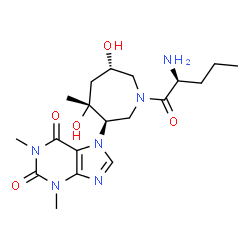 ChemSpider 2D Image | 7-{(3R,4R,6S)-1-[(2S)-2-Aminopentanoyl]-4,6-dihydroxy-4-methyl-3-azepanyl}-1,3-dimethyl-3,7-dihydro-1H-purine-2,6-dione | C19H30N6O5