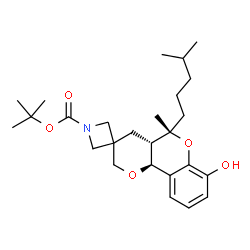 ChemSpider 2D Image | 2-Methyl-2-propanyl (4a'S,5'S,10b'S)-7'-hydroxy-5'-methyl-5'-(4-methylpentyl)-4a',10b'-dihydro-1H,4'H,5'H-spiro[azetidine-3,3'-pyrano[3,2-c]chromene]-1-carboxylate | C26H39NO5
