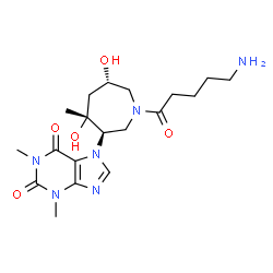 ChemSpider 2D Image | 7-[(3R,4R,6S)-1-(5-Aminopentanoyl)-4,6-dihydroxy-4-methyl-3-azepanyl]-1,3-dimethyl-3,7-dihydro-1H-purine-2,6-dione | C19H30N6O5
