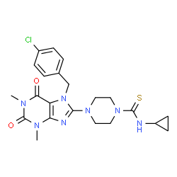 ChemSpider 2D Image | 4-[7-(4-Chlorobenzyl)-1,3-dimethyl-2,6-dioxo-2,3,6,7-tetrahydro-1H-purin-8-yl]-N-cyclopropyl-1-piperazinecarbothioamide | C22H26ClN7O2S