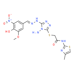 ChemSpider 2D Image | 2-({4-Amino-5-[(2E)-2-(4-hydroxy-3-methoxy-5-nitrobenzylidene)hydrazino]-4H-1,2,4-triazol-3-yl}sulfanyl)-N-(4-methyl-1,3-thiazol-2-yl)acetamide | C16H17N9O5S2