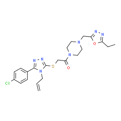 ChemSpider 2D Image | 2-{[4-Allyl-5-(4-chlorophenyl)-4H-1,2,4-triazol-3-yl]sulfanyl}-1-{4-[(5-ethyl-1,3,4-oxadiazol-2-yl)methyl]-1-piperazinyl}ethanone | C22H26ClN7O2S
