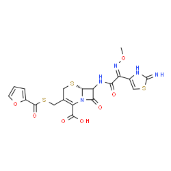 ChemSpider 2D Image | (6R)-3-[(2-Furoylsulfanyl)methyl]-7-{[(2E)-2-(2-imino-2,3-dihydro-1,3-thiazol-4-yl)-2-(methoxyimino)acetyl]amino}-8-oxo-5-thia-1-azabicyclo[4.2.0]oct-2-ene-2-carboxylic acid | C19H17N5O7S3
