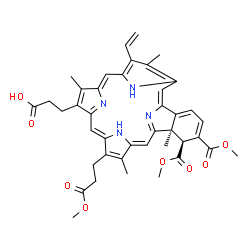 ChemSpider 2D Image | 3-[(2Z,6Z,11Z,17E,23S,24R)-22,23-Bis(methoxycarbonyl)-5-(3-methoxy-3-oxopropyl)-4,10,15,24-tetramethyl-14-vinyl-25,26,27,28-tetraazahexacyclo[16.6.1.1~3,6~.1~8,11~.1~13,16~.0~19,24~]octacosa-1(25),2,4
,6,8(27),9,11,13,15,17,19,21-dodecaen-9-yl]propanoic acid | C41H42N4O8