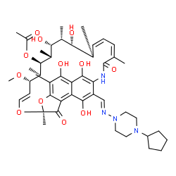 ChemSpider 2D Image | (7S,9E,11S,12R,13S,14R,15R,16R,18S,19Z,21Z)-26-{(E)-[(4-Cyclopentyl-1-piperazinyl)imino]methyl}-2,15,17,27,29-pentahydroxy-11-methoxy-3,7,12,14,16,18,22-heptamethyl-6,23-dioxo-8,30-dioxa-24-azatetracy
clo[23.3.1.1~4,7~.0~5,28~]triaconta-1(28),2,4,9,19,21,25(29),26-octaen-13-yl acetate | C47H64N4O12