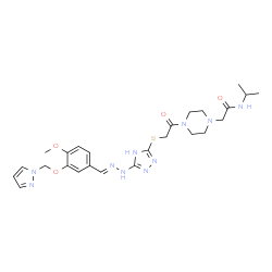 ChemSpider 2D Image | N-Isopropyl-2-(4-{[(5-{(2E)-2-[4-methoxy-3-(1H-pyrazol-1-ylmethoxy)benzylidene]hydrazino}-4H-1,2,4-triazol-3-yl)sulfanyl]acetyl}-1-piperazinyl)acetamide | C25H34N10O4S
