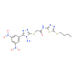 ChemSpider 2D Image | 2-{[4-Amino-5-(3,5-dinitrophenyl)-4H-1,2,4-triazol-3-yl]sulfanyl}-N-[5-(butylsulfanyl)-1,3,4-thiadiazol-2-yl]acetamide | C16H17N9O5S3
