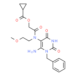 ChemSpider 2D Image | 2-[(6-Amino-1-benzyl-2,4-dioxo-1,2,3,4-tetrahydro-5-pyrimidinyl)(2-methoxyethyl)amino]-2-oxoethyl cyclopropanecarboxylate | C20H24N4O6