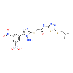 ChemSpider 2D Image | 2-{[4-Amino-5-(3,5-dinitrophenyl)-4H-1,2,4-triazol-3-yl]sulfanyl}-N-[5-(isobutylsulfanyl)-1,3,4-thiadiazol-2-yl]acetamide | C16H17N9O5S3