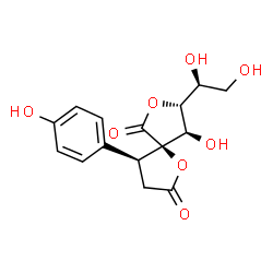 ChemSpider 2D Image | (4S,5R,8R,9R)-8-[(1S)-1,2-Dihydroxyethyl]-9-hydroxy-4-(4-hydroxyphenyl)-1,7-dioxaspiro[4.4]nonane-2,6-dione | C15H16O8