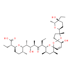ChemSpider 2D Image | (2S)-2-{(2S,5R,6S)-6-[(2R,3R,4R,6S)-6-{(2R,5R,7S,9R,10R,12S,15S)-2-[(2S,5S,6R)-5-Ethyl-5-hydroxy-6-methyltetrahydro-2H-pyran-2-yl]-15-hydroxy-2,10,12-trimethyl-1,6,8-trioxadispiro[4.1.5.3]pentadec-13-
en-9-yl}-3-hydroxy-4-methyl-5-oxo-2-octanyl]-5-methyltetrahydro-2H-pyran-2-yl}butanoic acid | C42H70O11