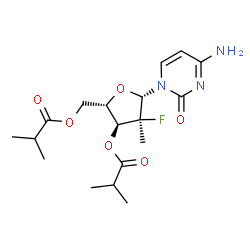 ChemSpider 2D Image | 4-Amino-1-(2-deoxy-2-fluoro-3,5-di-O-isobutyryl-2-methyl-beta-L-ribofuranosyl)-2(1H)-pyrimidinone | C18H26FN3O6