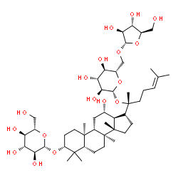 ChemSpider 2D Image | (3alpha,5beta,8alpha,9beta,10alpha,12alpha,13alpha,14beta,17alpha,20R)-20-{[6-O-(alpha-D-Arabinofuranosyl)-beta-L-glucopyranosyl]oxy}-12-hydroxydammar-24-en-3-yl beta-L-glucopyranoside | C47H80O17