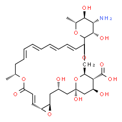 ChemSpider 2D Image | (1R,3S,5R,7R,8E,12R,14E,16E,18E,20E,24S,25R,26S)-22-[(3-Amino-3,6-dideoxy-D-mannopyranosyl)oxy]-1,3,26-trihydroxy-12-methyl-10-oxo-6,11,28-trioxatricyclo[22.3.1.0~5,7~]octacosa-8,14,16,18,20-pentaene-
25-carboxylic acid | C33H47NO13
