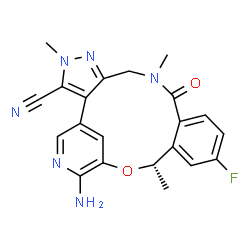 ChemSpider 2D Image | (16S)-19-Amino-13-fluoro-4,8,16-trimethyl-9-oxo-17-oxa-4,5,8,20-tetraazatetracyclo[16.3.1.0~2,6~.0~10,15~]docosa-1(22),2,5,10,12,14,18,20-octaene-3-carbonitrile | C21H19FN6O2