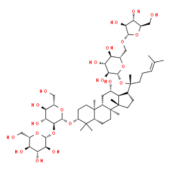 ChemSpider 2D Image | (3alpha,5beta,8alpha,9beta,10alpha,12alpha,13alpha,14beta,17alpha,20R)-20-{[6-O-(alpha-D-Arabinofuranosyl)-beta-L-glucopyranosyl]oxy}-12-hydroxydammar-24-en-3-yl 2-O-beta-L-glucopyranosyl-beta-L-gluco
pyranoside | C53H90O22