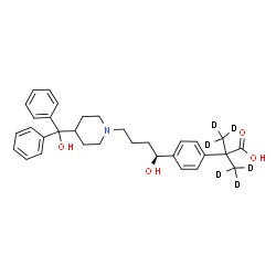 ChemSpider 2D Image | 2-{4-[(1S)-1-Hydroxy-4-{4-[hydroxy(diphenyl)methyl]-1-piperidinyl}butyl]phenyl}-2-(~2~H_3_)methyl(~2~H_3_)propanoic acid | C32H33D6NO4
