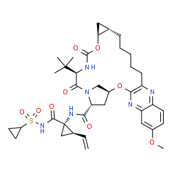 ChemSpider 2D Image | (1S,18S,20S,24R,27R)-N-{(1S,2R)-1-[(Cyclopropylsulfonyl)carbamoyl]-2-vinylcyclopropyl}-7-methoxy-24-(2-methyl-2-propanyl)-22,25-dioxo-2,21-dioxa-4,11,23,26-tetraazapentacyclo[24.2.1.0~3,12~.0~5,10~.0~
18,20~]nonacosa-3(12),4,6,8,10-pentaene-27-carboxamide | C38H50N6O9S