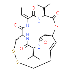 ChemSpider 2D Image | (1S,4S,7E,10S,16E,21R)-7-Ethylidene-4,21-diisopropyl-2-oxa-12,13-dithia-5,8,20,23-tetraazabicyclo[8.7.6]tricos-16-ene-3,6,9,19,22-pentone | C24H36N4O6S2