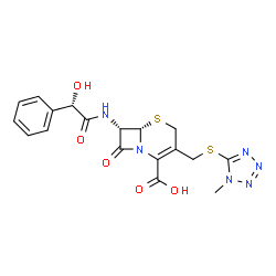 ChemSpider 2D Image | (6S,7S)-7-{[(2S)-2-Hydroxy-2-phenylacetyl]amino}-3-{[(1-methyl-1H-tetrazol-5-yl)sulfanyl]methyl}-8-oxo-5-thia-1-azabicyclo[4.2.0]oct-2-ene-2-carboxylic acid | C18H18N6O5S2
