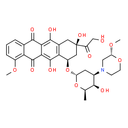 ChemSpider 2D Image | (1R,3R)-3-Glycoloyl-3,5,12-trihydroxy-10-methoxy-6,11-dioxo-1,2,3,4,6,11-hexahydro-1-tetracenyl 2,3,6-trideoxy-3-[(2R)-2-methoxy-4-morpholinyl]-alpha-D-lyxo-hexopyranoside | C32H37NO13