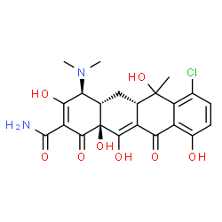 ChemSpider 2D Image | (4S,4aS,5aS,12aS)-7-Chloro-4-(dimethylamino)-3,6,10,12,12a-pentahydroxy-6-methyl-1,11-dioxo-1,4,4a,5,5a,6,11,12a-octahydro-2-tetracenecarboxamide | C22H23ClN2O8