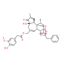 ChemSpider 2D Image | [(1R,2R,6R,10S,11R,17R)-13-Benzyl-6-hydroxy-15-isopropenyl-4,17-dimethyl-5-oxo-12,14,18-trioxapentacyclo[11.4.1.0~1,10~.0~2,6~.0~11,15~]octadeca-3,8-dien-8-yl]methyl (4-hydroxy-3-methoxyphenyl)acetate | C37H40O9