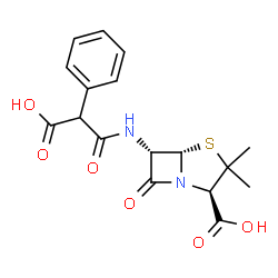 ChemSpider 2D Image | (2R,5S,6S)-6-{[Carboxy(phenyl)acetyl]amino}-3,3-dimethyl-7-oxo-4-thia-1-azabicyclo[3.2.0]heptane-2-carboxylic acid | C17H18N2O6S