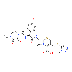 ChemSpider 2D Image | (6S,7S)-7-{[(2S)-2-{[(4-Ethyl-2,3-dioxo-1-piperazinyl)carbonyl]amino}-2-(4-hydroxyphenyl)acetyl]amino}-3-{[(1-methyl-1H-tetrazol-5-yl)sulfanyl]methyl}-8-oxo-5-thia-1-azabicyclo[4.2.0]oct-2-ene-2-carbo
xylic acid | C25H27N9O8S2